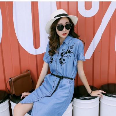 ĐẦM JEAN SUÔNG CỔ SƠ MI TAY LOE THÊU HOA - NJ994